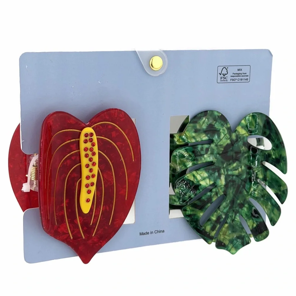 Piper K Anthurium and Palm Tree Leaf Hair Claw Clips Set of 2 Red Green Yellow